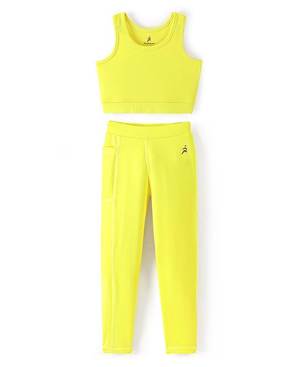 Pine Active High Stretch Breathable Solid Color Sports Bra And Legging Set - Yellow