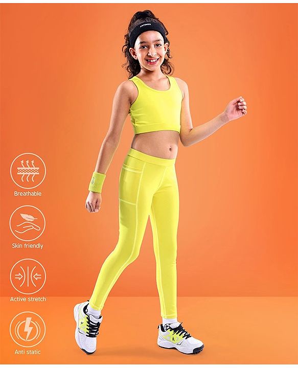 Pine Active High Stretch Breathable Solid Color Sports Bra And Legging Set - Yellow