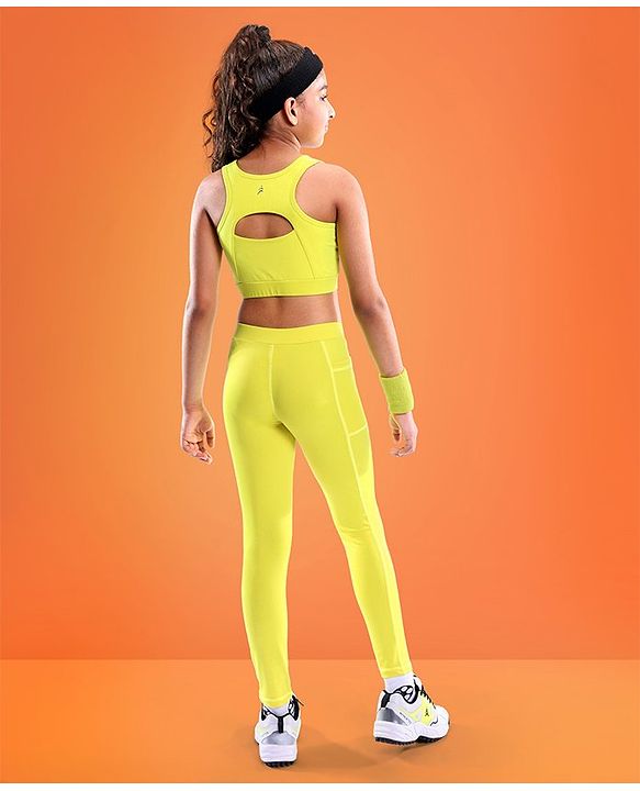 Pine Active High Stretch Breathable Solid Color Sports Bra And Legging Set - Yellow