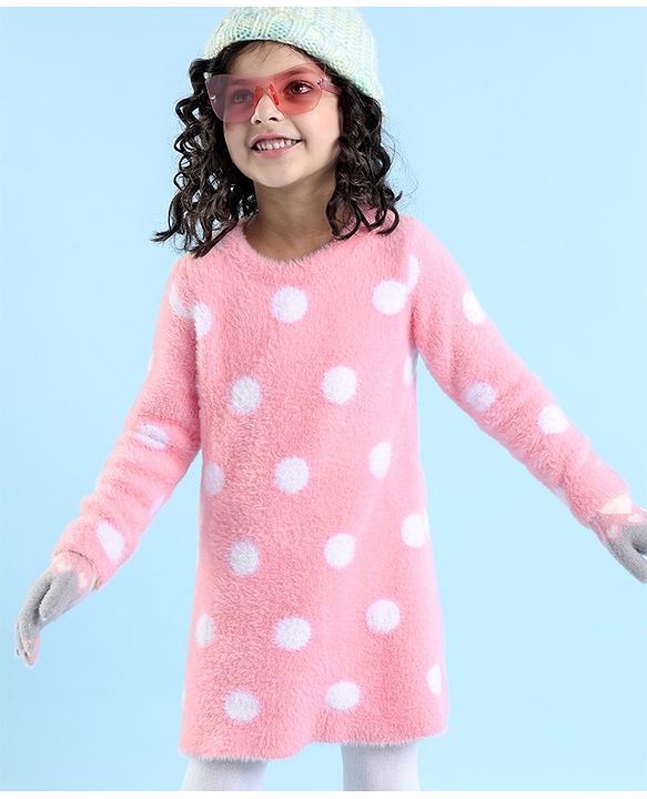 Babyhug Knit Full Sleeves Woollen Dress Polka Dot Design - Pink
