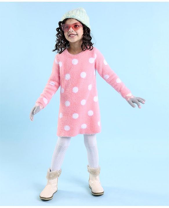 Babyhug Knit Full Sleeves Woollen Dress Polka Dot Design - Pink