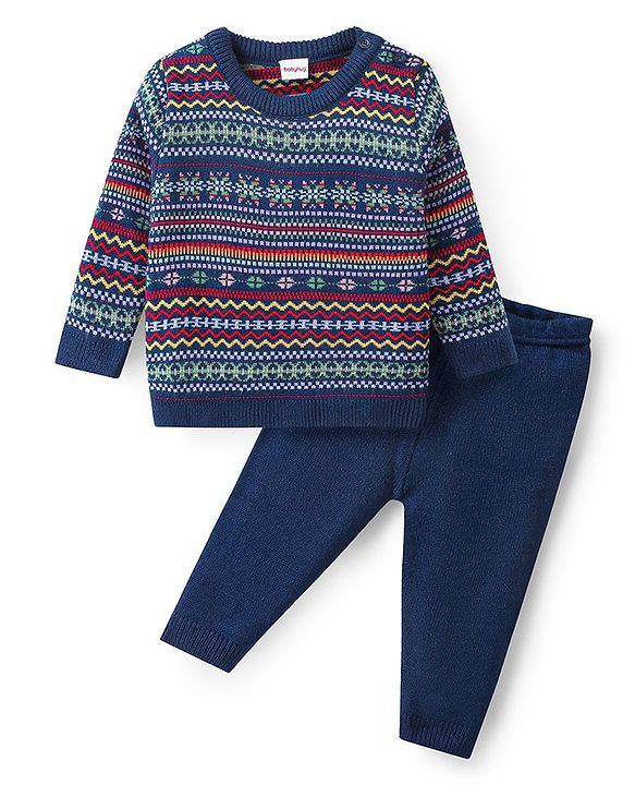 Babyhug Knitted Full Sleeves Sweater Set with Intarsia Design - Navy Blue