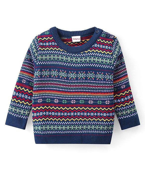 Babyhug Knitted Full Sleeves Sweater Set with Intarsia Design - Navy Blue