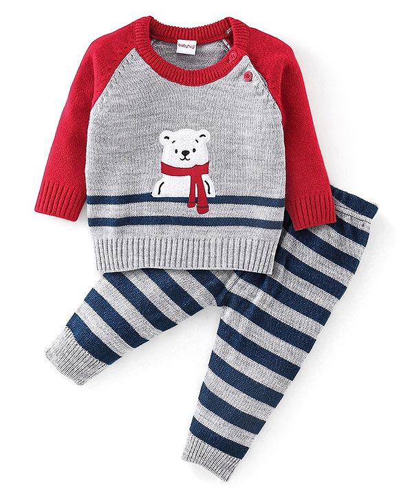 Babyhug Full Sleeves Sweater Set Striped Bear Patch - Grey