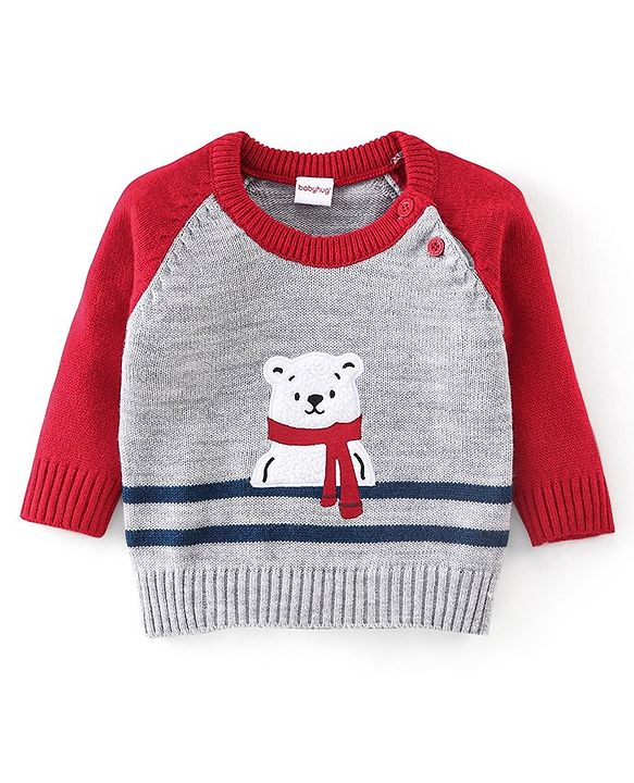Babyhug Full Sleeves Sweater Set Striped Bear Patch - Grey