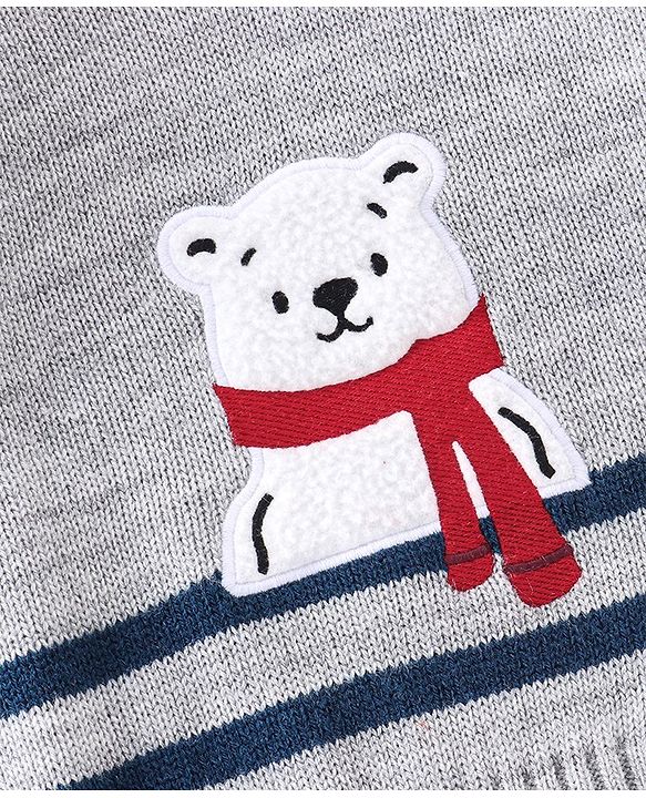 Babyhug Full Sleeves Sweater Set Striped Bear Patch - Grey