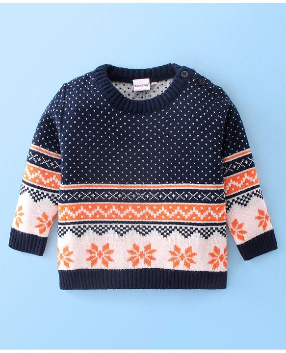 Babyhug Knitted Full Sleeves Floral Design Sweater Set -Multicolour