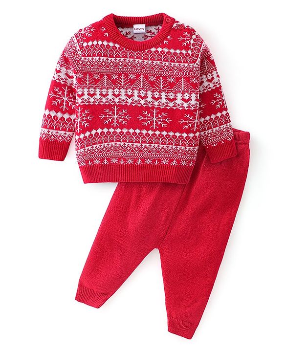 Babyhug Knitted Full Sleeves Snow Design Sweater Set - Red