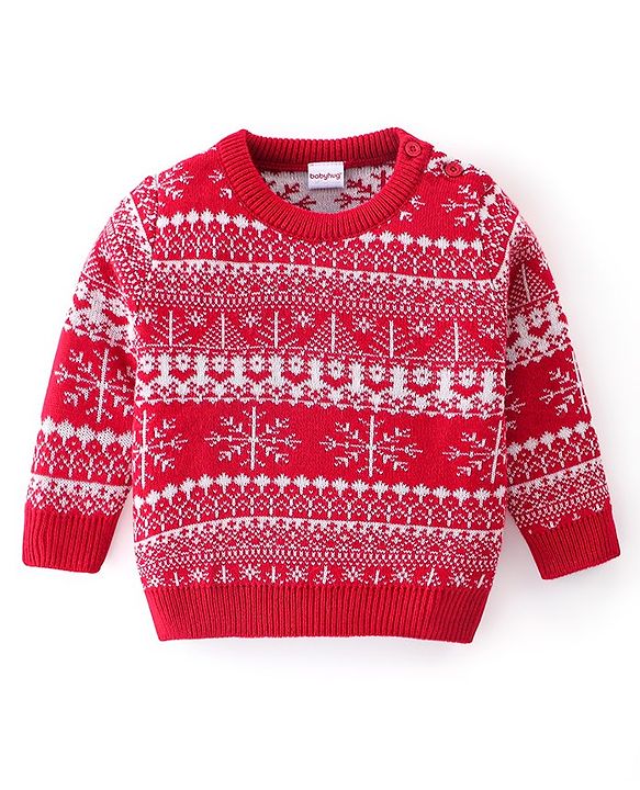 Babyhug Knitted Full Sleeves Snow Design Sweater Set - Red