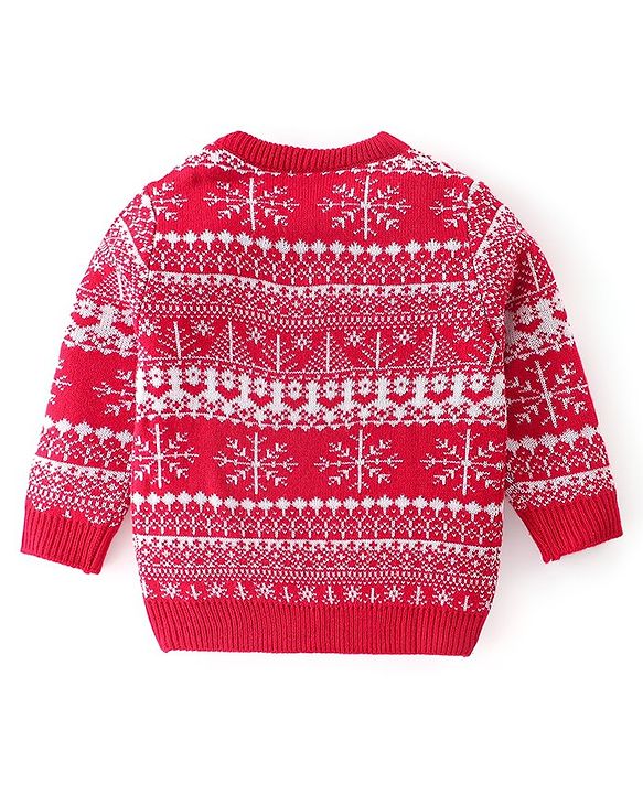 Babyhug Knitted Full Sleeves Snow Design Sweater Set - Red