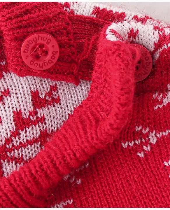 Babyhug Knitted Full Sleeves Snow Design Sweater Set - Red