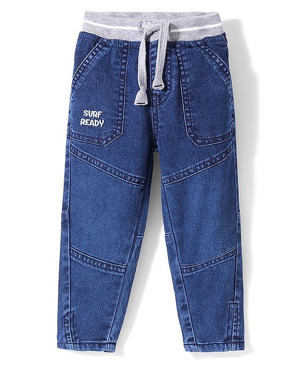 Babyhug Full Length Denim Joggers With Stretch Solid Colour - Blue