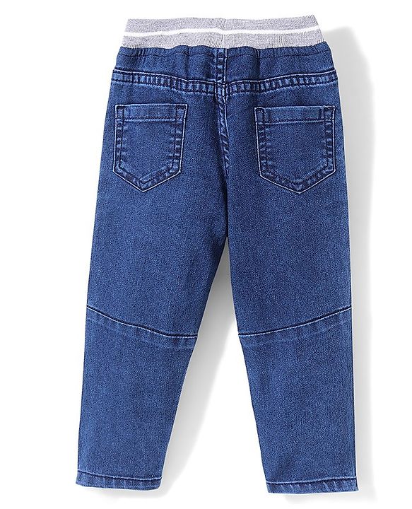 Babyhug Full Length Denim Joggers With Stretch Solid Colour - Blue