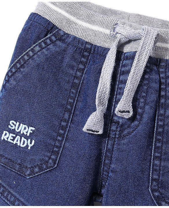 Babyhug Full Length Denim Joggers With Stretch Solid Colour - Blue