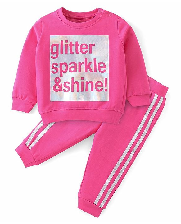 Babyhug Cotton Knit Full Sleeves T-Shirt & Lounge Pant Set Text Printed - Pink