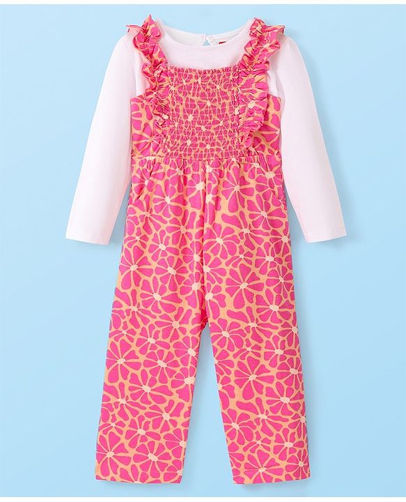 Babyhug 100% Cotton Knit Dungarees With Full Sleeves T-Shirt Floral Print - White & Pink