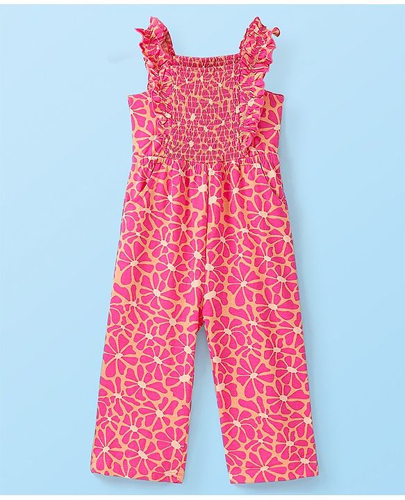 Babyhug 100% Cotton Knit Dungarees With Full Sleeves T-Shirt Floral Print - White & Pink