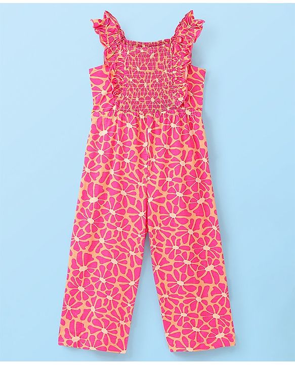 Babyhug 100% Cotton Knit Dungarees With Full Sleeves T-Shirt Floral Print - White & Pink