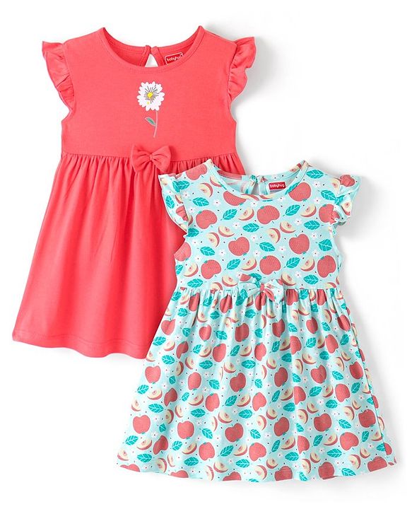Babyhug Cotton Knit  Half Frill Sleeves Frocks Apple Print Pack of 2 - Multicolor