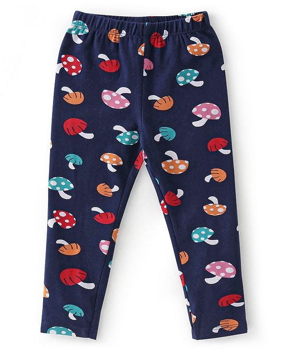 Babyhug 100% Cotton Knit Full Sleeves Top & Leggings Set With Mushroom Print - Red & Navy Blue