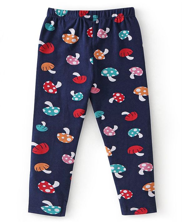 Babyhug 100% Cotton Knit Full Sleeves Top & Leggings Set With Mushroom Print - Red & Navy Blue