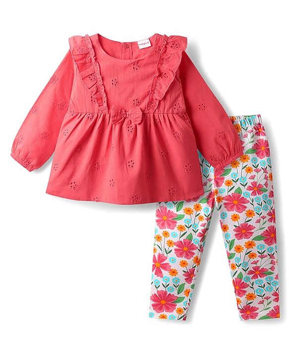 Babyhug 100% Cotton Full Sleeves Stiffly Top & Leggings With Floral Print - Red & White