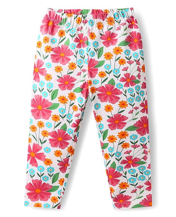 Babyhug 100% Cotton Full Sleeves Stiffly Top & Leggings With Floral Print - Red & White