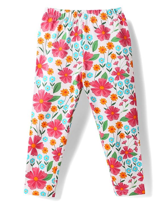 Babyhug 100% Cotton Full Sleeves Stiffly Top & Leggings With Floral Print - Red & White