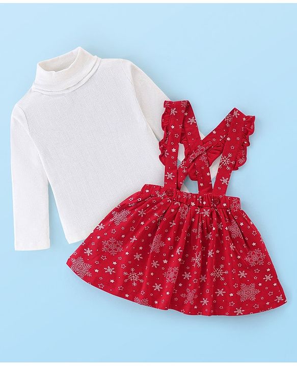 Babyhug Cotton Knit Full Sleeves Skivi Top and Skirt with Suspenders Snow Flake Print - White & Red