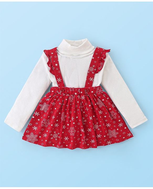 Babyhug Cotton Knit Full Sleeves Skivi Top and Skirt with Suspenders Snow Flake Print - White & Red