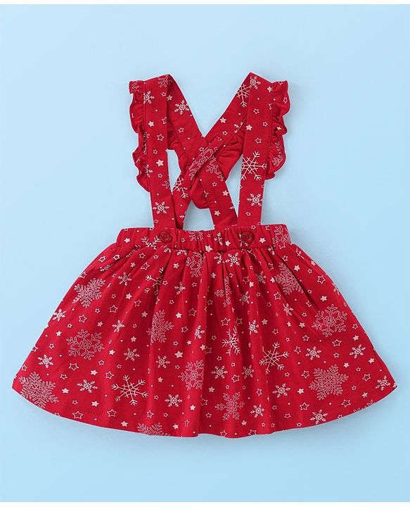 Babyhug Cotton Knit Full Sleeves Skivi Top and Skirt with Suspenders Snow Flake Print - White & Red