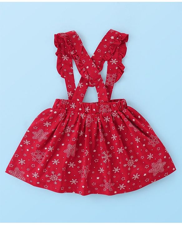 Babyhug Cotton Knit Full Sleeves Skivi Top and Skirt with Suspenders Snow Flake Print - White & Red