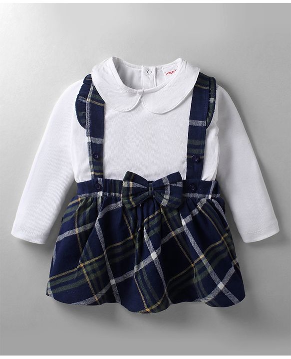Babyhug 100% Cotton Knit Full Sleeves With Top & Skirts Checkered - White Navy Blue & Green