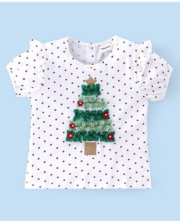 Babyhug Cotton Knit Half Sleeves Top & Skirt Set with Tree Applique & Polka Dots Print - White & Red