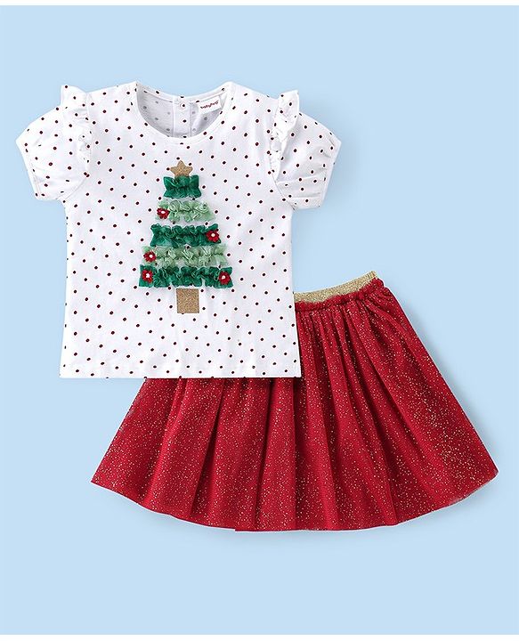 Babyhug Cotton Knit Half Sleeves Top & Skirt Set with Tree Applique & Polka Dots Print - White & Red
