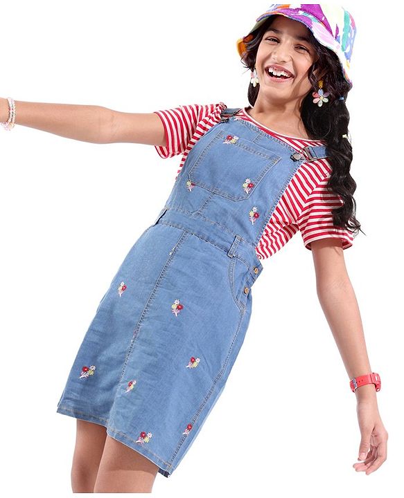 Pine Kids Denim Floral Embroidered Dungaree with Striped Half Sleeve Inner Tee - Multicolor