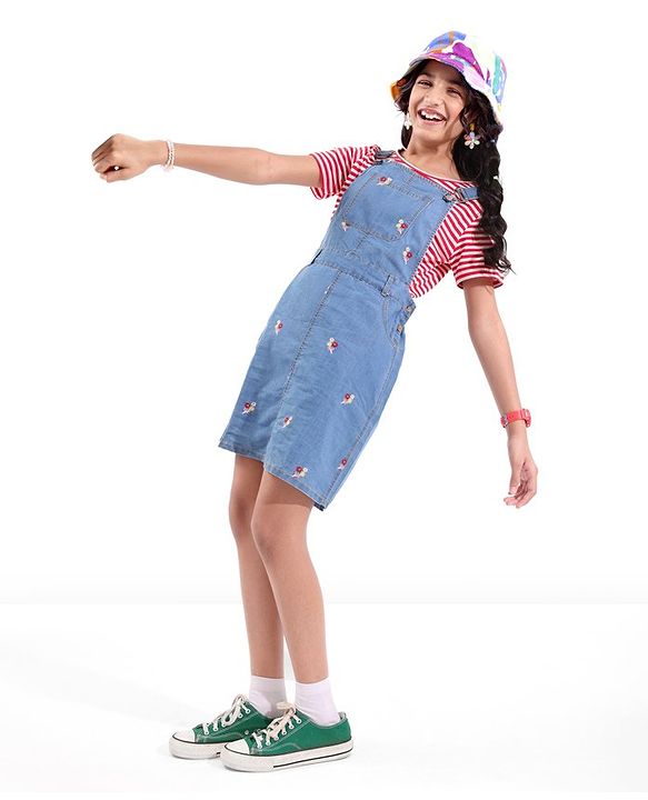 Pine Kids Denim Floral Embroidered Dungaree with Striped Half Sleeve Inner Tee - Multicolor
