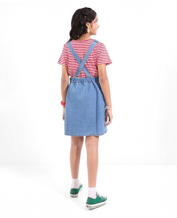 Pine Kids Denim Floral Embroidered Dungaree with Striped Half Sleeve Inner Tee - Multicolor