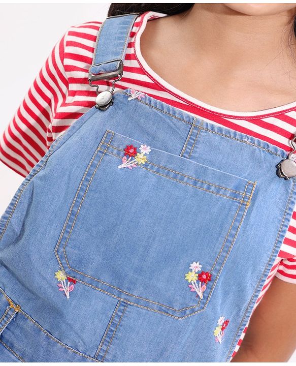Pine Kids Denim Floral Embroidered Dungaree with Striped Half Sleeve Inner Tee - Multicolor