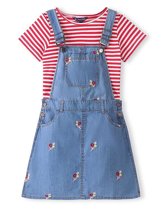 Pine Kids Denim Floral Embroidered Dungaree with Striped Half Sleeve Inner Tee - Multicolor