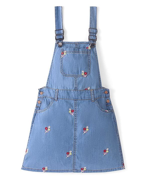Pine Kids Denim Floral Embroidered Dungaree with Striped Half Sleeve Inner Tee - Multicolor