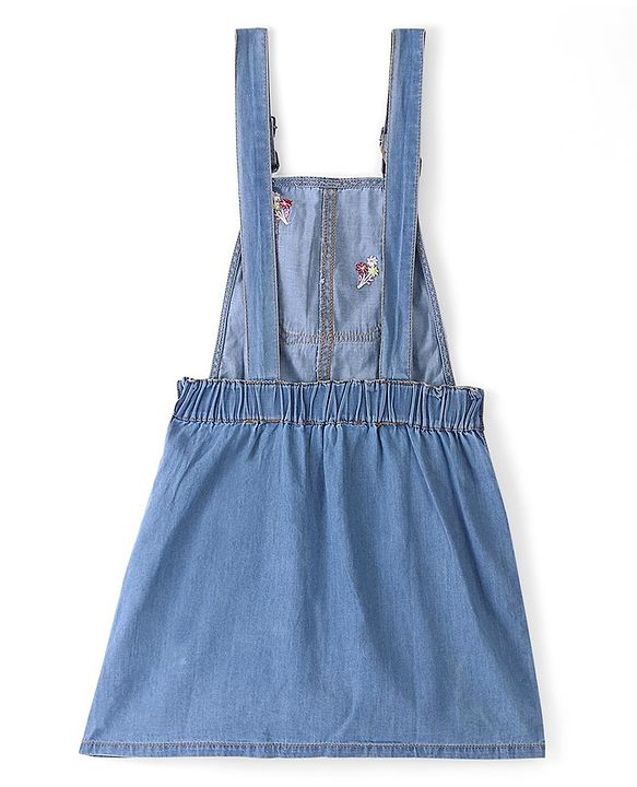 Pine Kids Denim Floral Embroidered Dungaree with Striped Half Sleeve Inner Tee - Multicolor