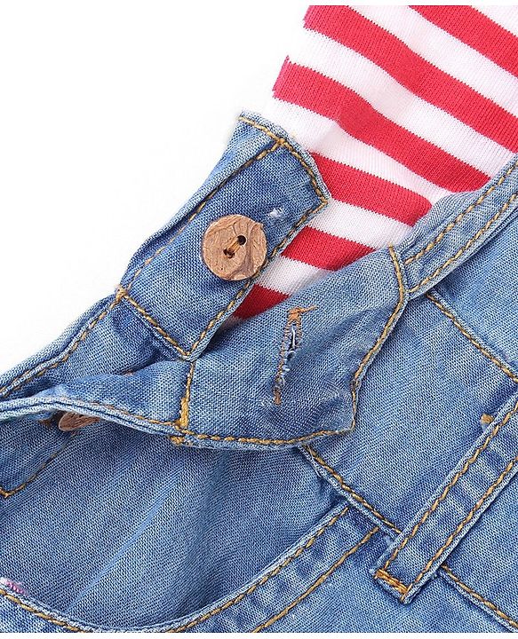 Pine Kids Denim Floral Embroidered Dungaree with Striped Half Sleeve Inner Tee - Multicolor