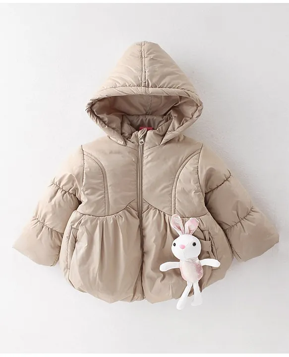 Little Kangaroos Full Sleeves Quilted Winter Jacket with Bunny Applique Beige