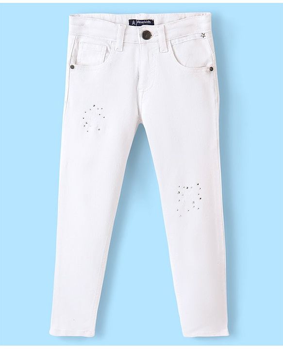 Pine Kids Ankle Length Stretchable Denim Jeans With Stud Embellishment - White