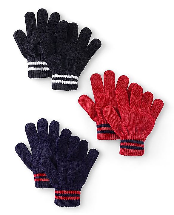 Pine Kids Knitted Striped Design Gloves Pair of 3 - Navy Blue Red & Black