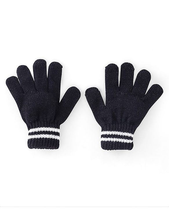 Pine Kids Knitted Striped Design Gloves Pair of 3 - Navy Blue Red & Black