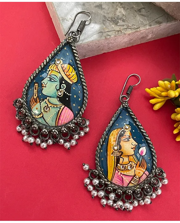 Radha Krishna 925 Sterling Silver Indian Religious Charms Handmade Painting  Glass Frame Pear Shape Connectors Finding for Earrings Making - Etsy