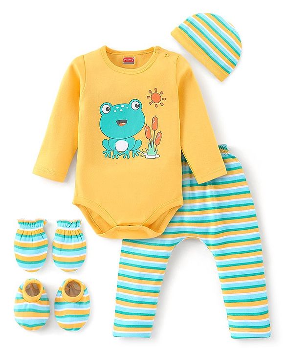 Babyhug 100% Cotton Onesies with Leggings and Cap Mittens Booties With Frog Print & Striped - Yellow & Green
