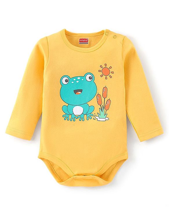 Babyhug 100% Cotton Onesies with Leggings and Cap Mittens Booties With Frog Print & Striped - Yellow & Green